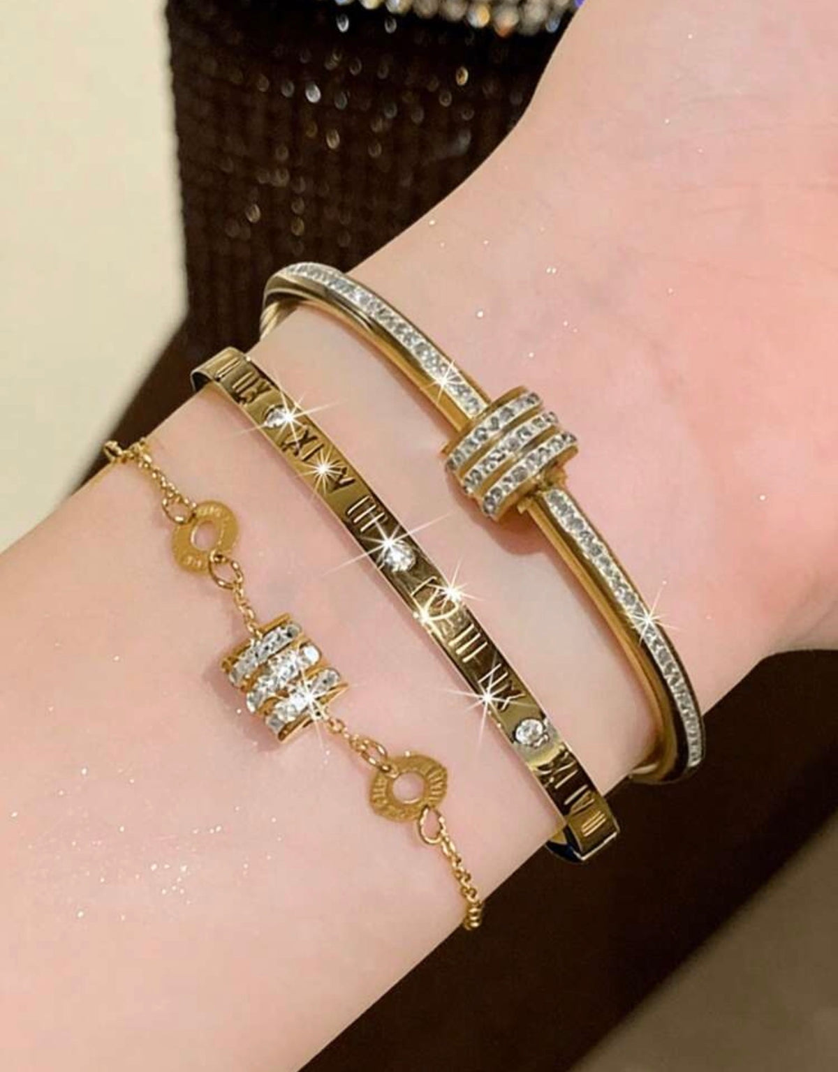 3pc Roman Numeral Bracelet Set| Stainless Steel | 18K Gold-Plated| Full Rhinestone Inlaid Cross Roman Numeral Bracelet