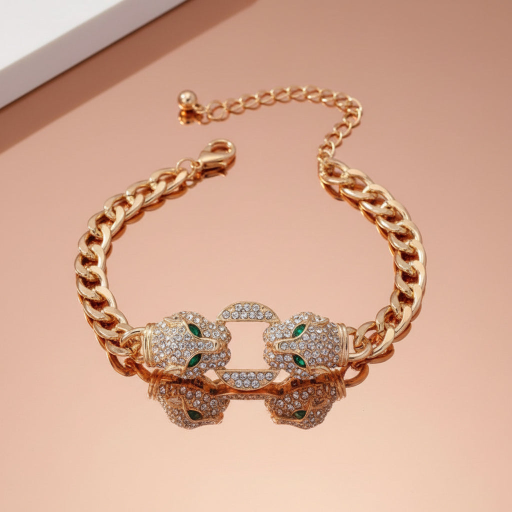 Dual Headed Dripping Glue Leopard Charm Bracelet With Green Eyes