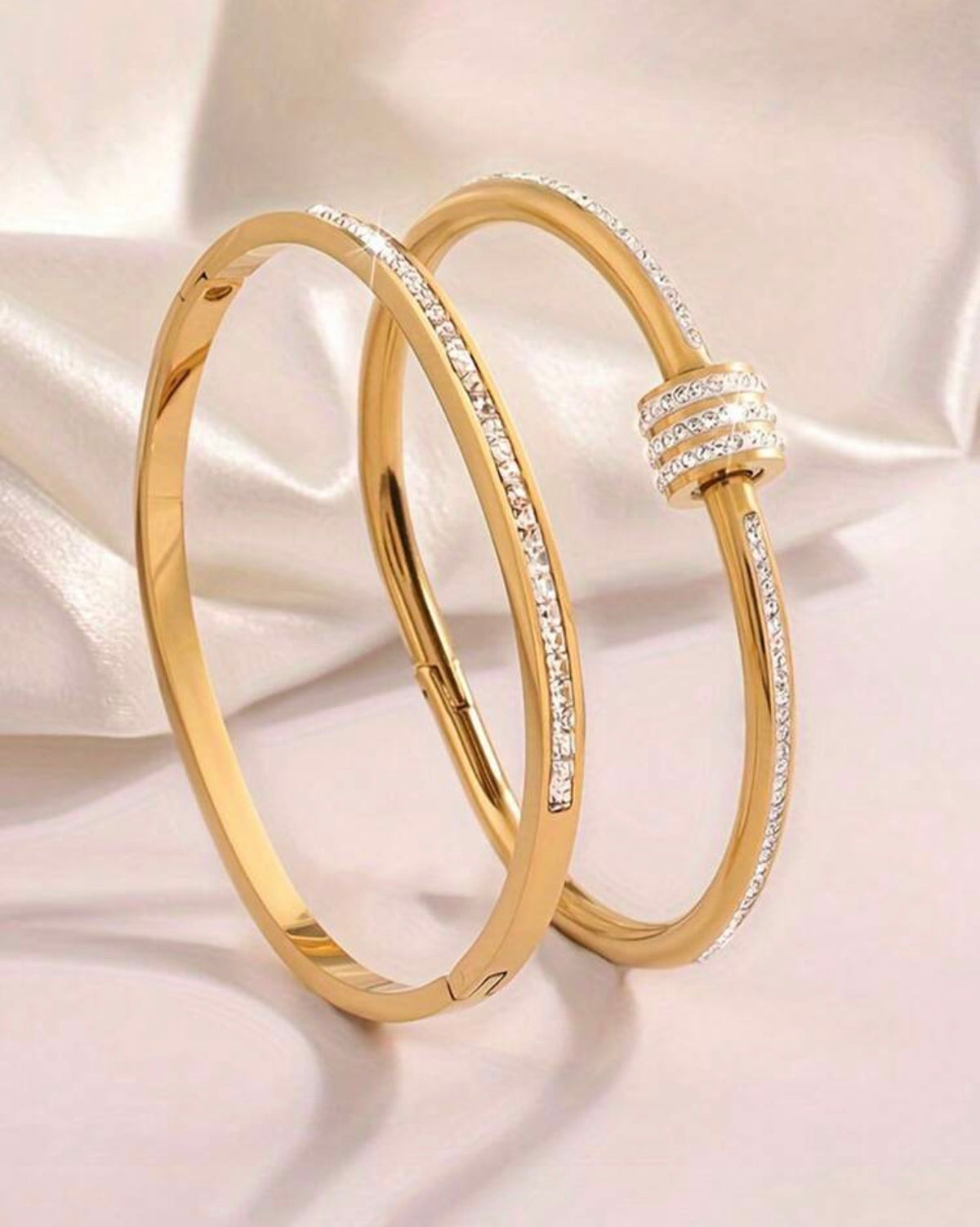 2Pc Stainless Steel Fashionable Rhinestone Bracelet Set