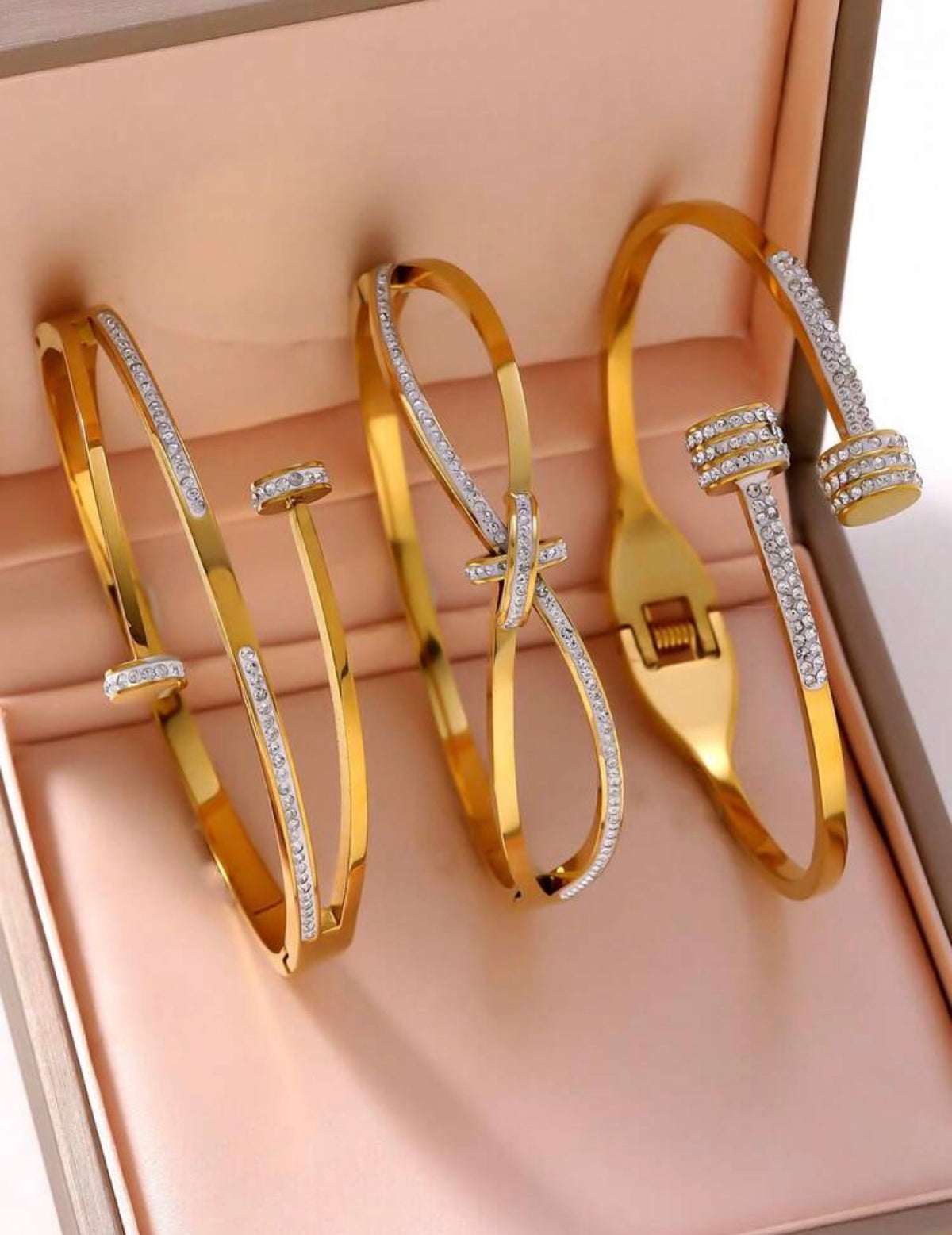 3pcs Elegant Luxury Stainless Steel Women's Gold Zirconia Bracelet