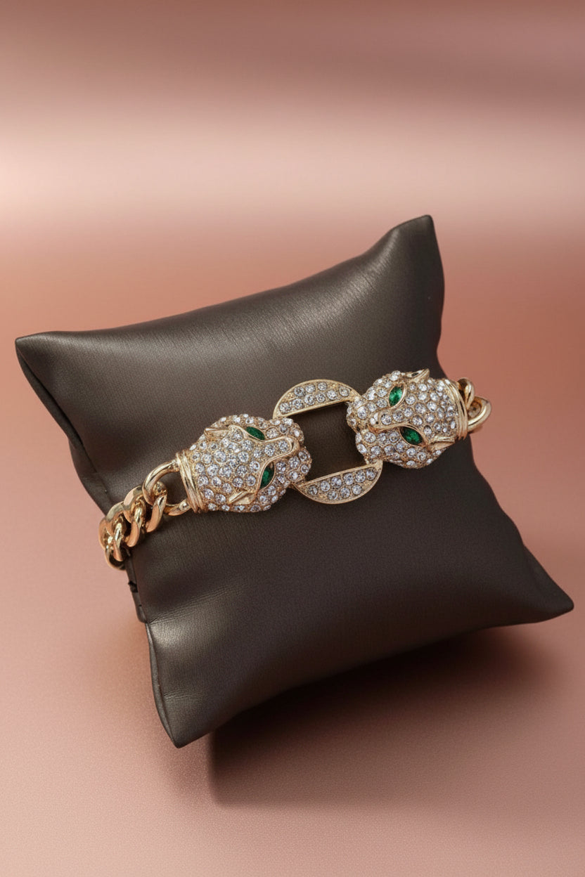 Dual Headed Dripping Glue Leopard Charm Bracelet With Green Eyes