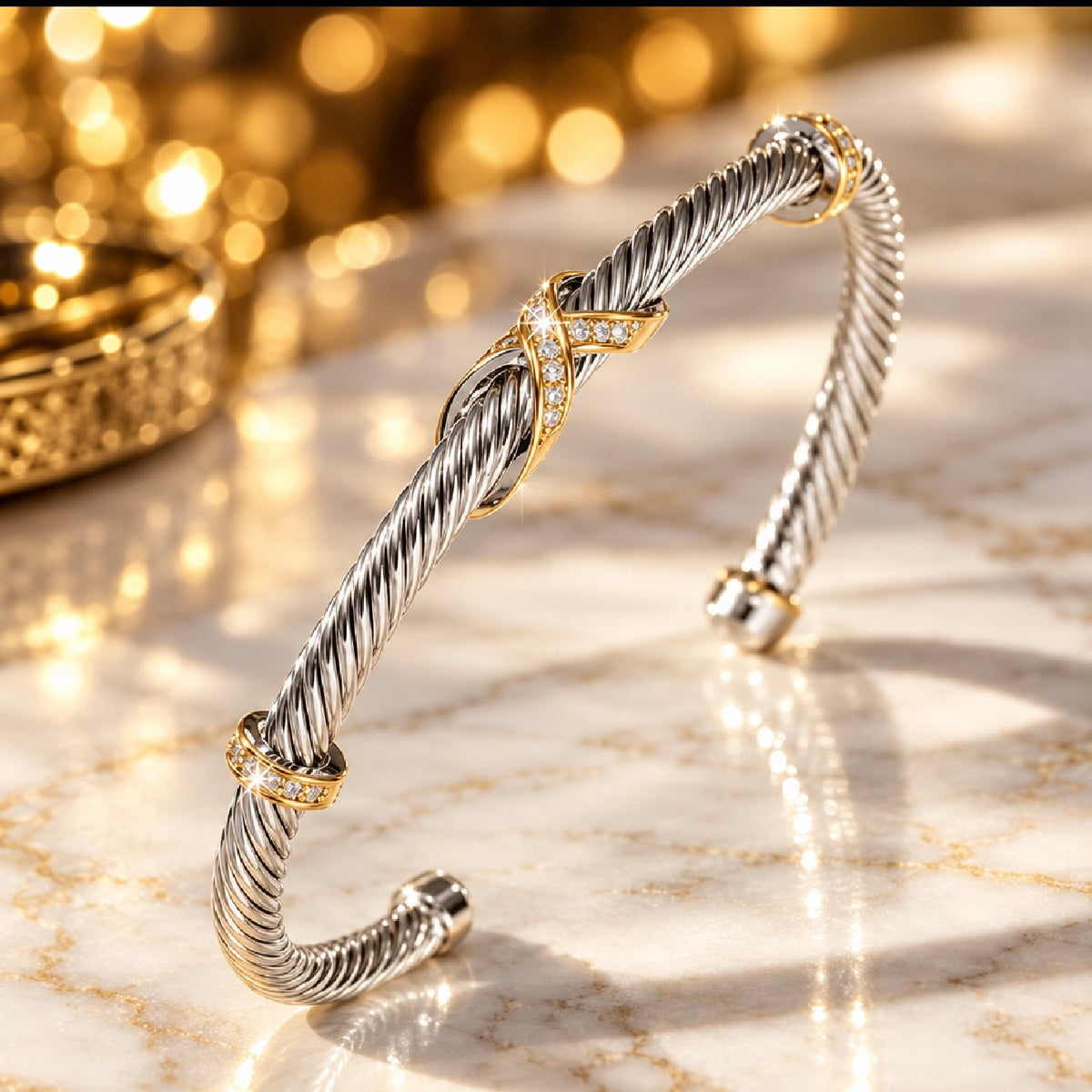 Threaded Design Open Cuff Bracelet| 18K Silver~Plated| Stainless Steel
