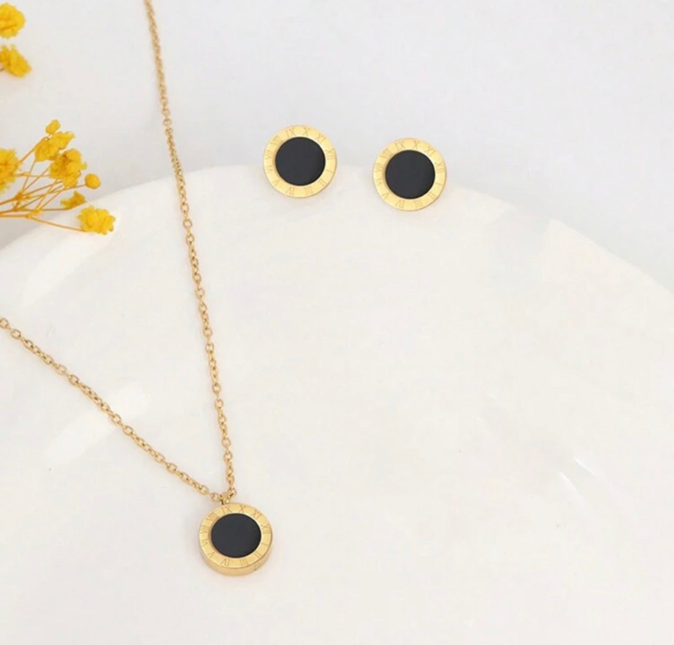 1set Fashionable Stainless Steel Roman Numeral Necklace And Earrings Set For Women